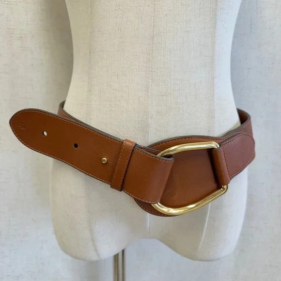Lauren Ralph Lauren Brown Leather Wide Waist Belt Gold Stirrup Buckle Medium - Picture 12 of 12